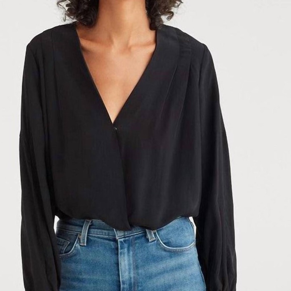 7 for All Mankind Cross Front Gathered Elastic Waist Hem M Silky Blouse Ret:$150